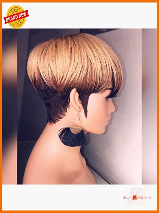 Pixie Cut Human Hair Bob Wig Layered Full Machine Made with Bangs